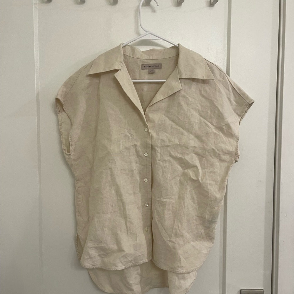 Linen Tunic Minimalist Banana Republic Cream Short-Sleeve‎ Button-Up Blouse